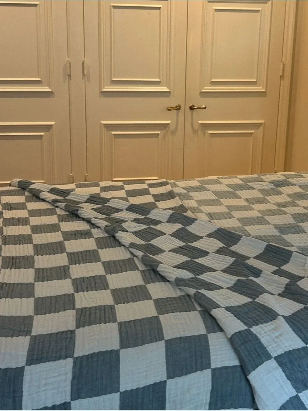 Dark Teal Gray Check Throw Blanket Cotton Bamboo Blend Patchwork Quilt Style NEW